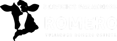 Logotipo de Servicios Ganaderos Romero letras en blanco, fondo transparente y a la izquierda la cabeza de una vaca en negro